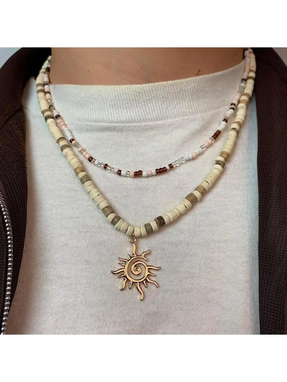 Y2k 2000s style Wood Beaded double layer Necklace with Cyber Star Sun Pendant